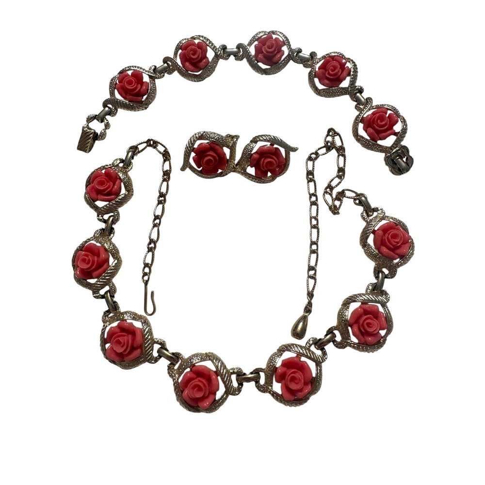 Vintage Sarah Coventry Coral Rose Jewelry Set Necklace Bracelet Clip Earrings - Picture 2 of 15
